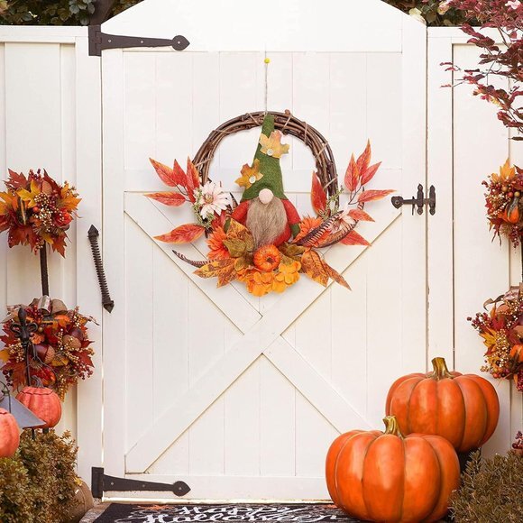 Fall Wreath with Plush Gnome, 15 Inch Artificial Grapevine Wreath with Flowers - Picture 5 of 7